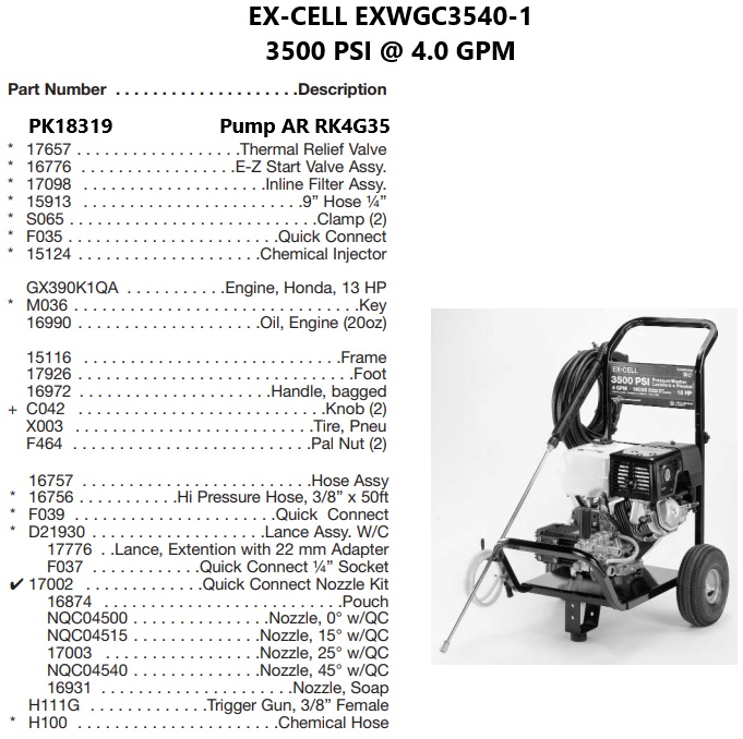 EX-CELL model EXWGC3540-1 power washer parts